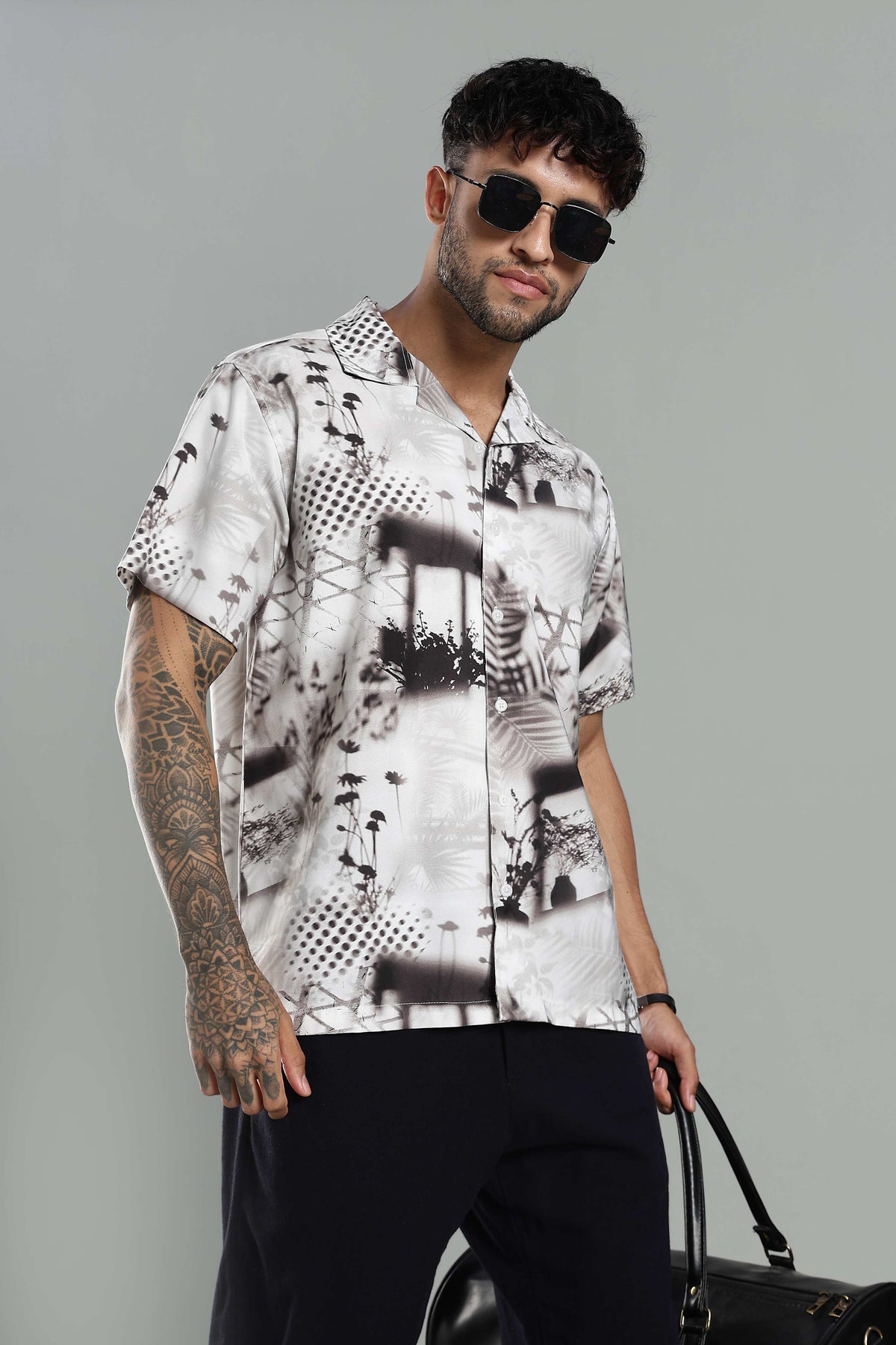 Nature-Print Cuban Collar Shirt