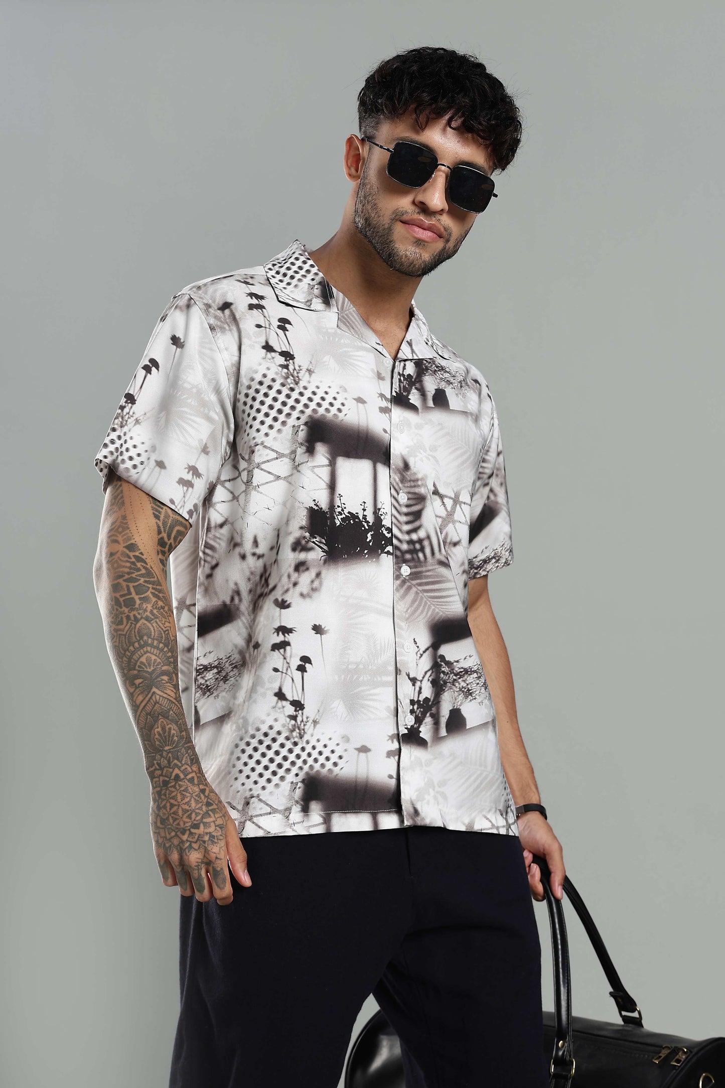 Nature-Print Cuban Collar Shirt