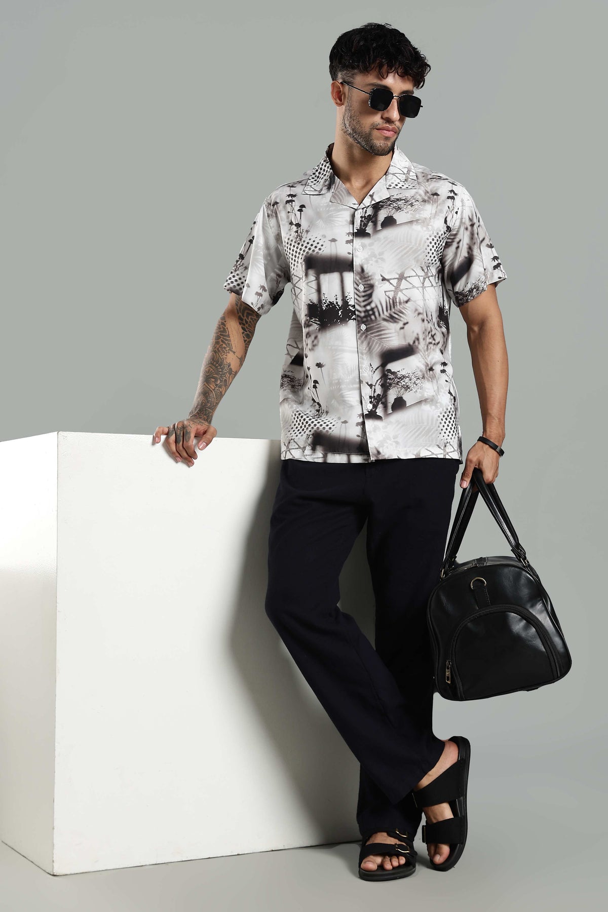 Nature-Print Cuban Collar Shirt