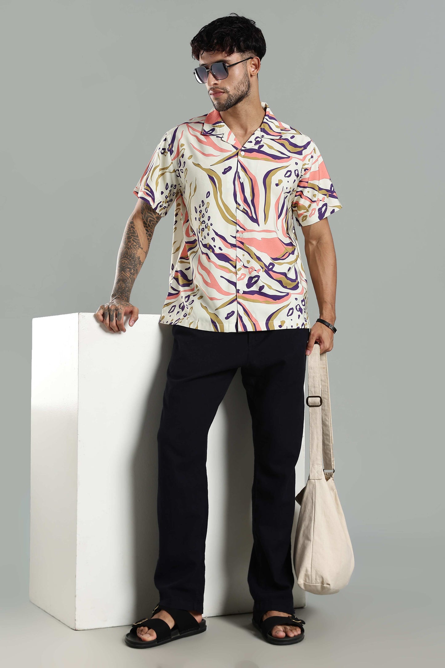Cuban Collar Shirt in Cream with Artistic Tropical Print