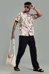 Cuban Collar Shirt in Cream with Artistic Tropical Print