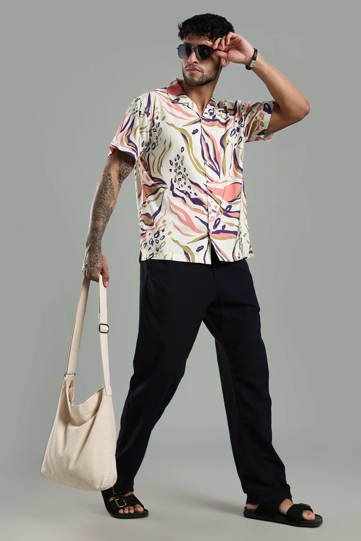 Cuban Collar Shirt in Cream with Artistic Tropical Print