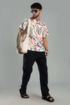 Cuban Collar Shirt in Cream with Artistic Tropical Print
