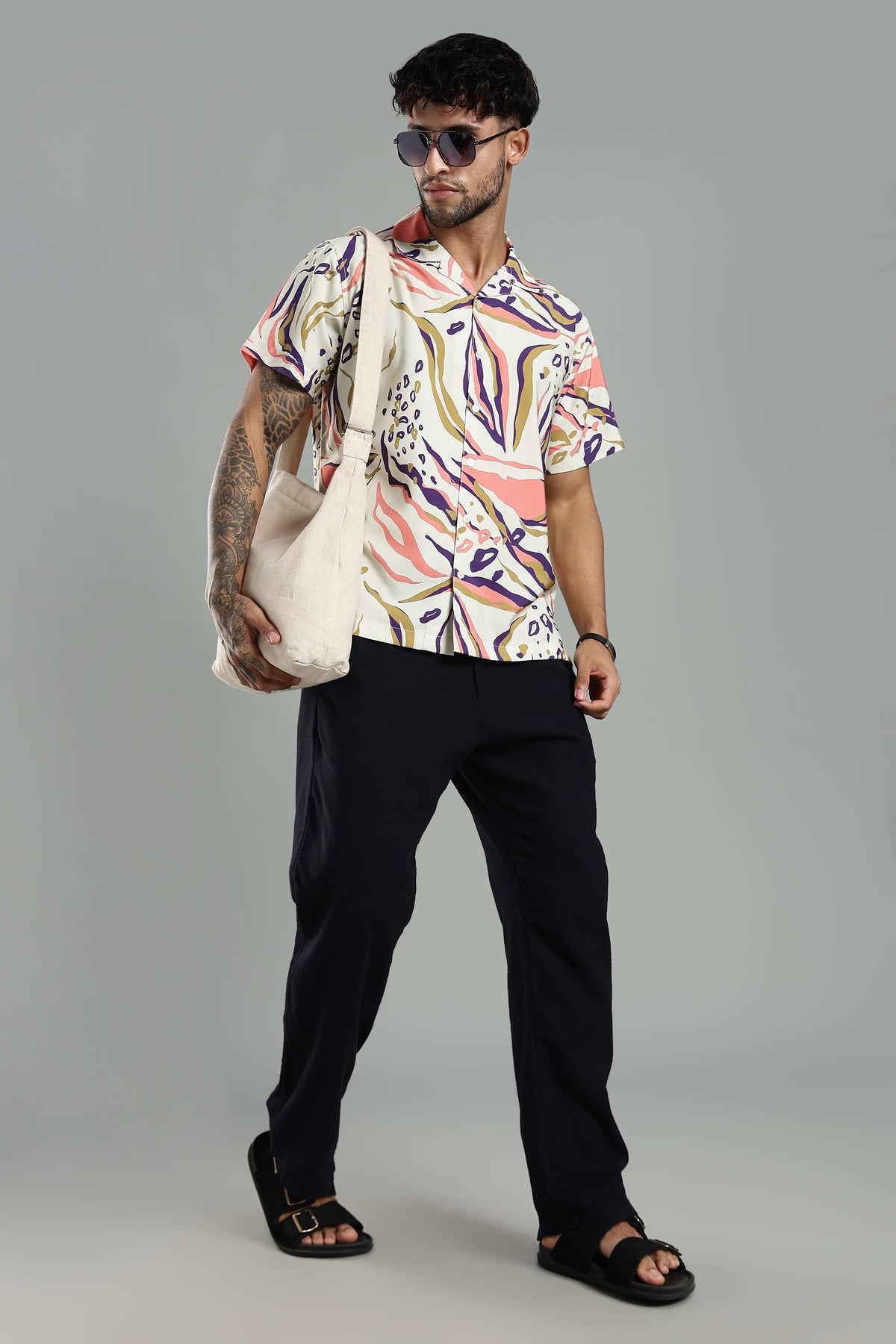 Cuban Collar Shirt in Cream with Artistic Tropical Print