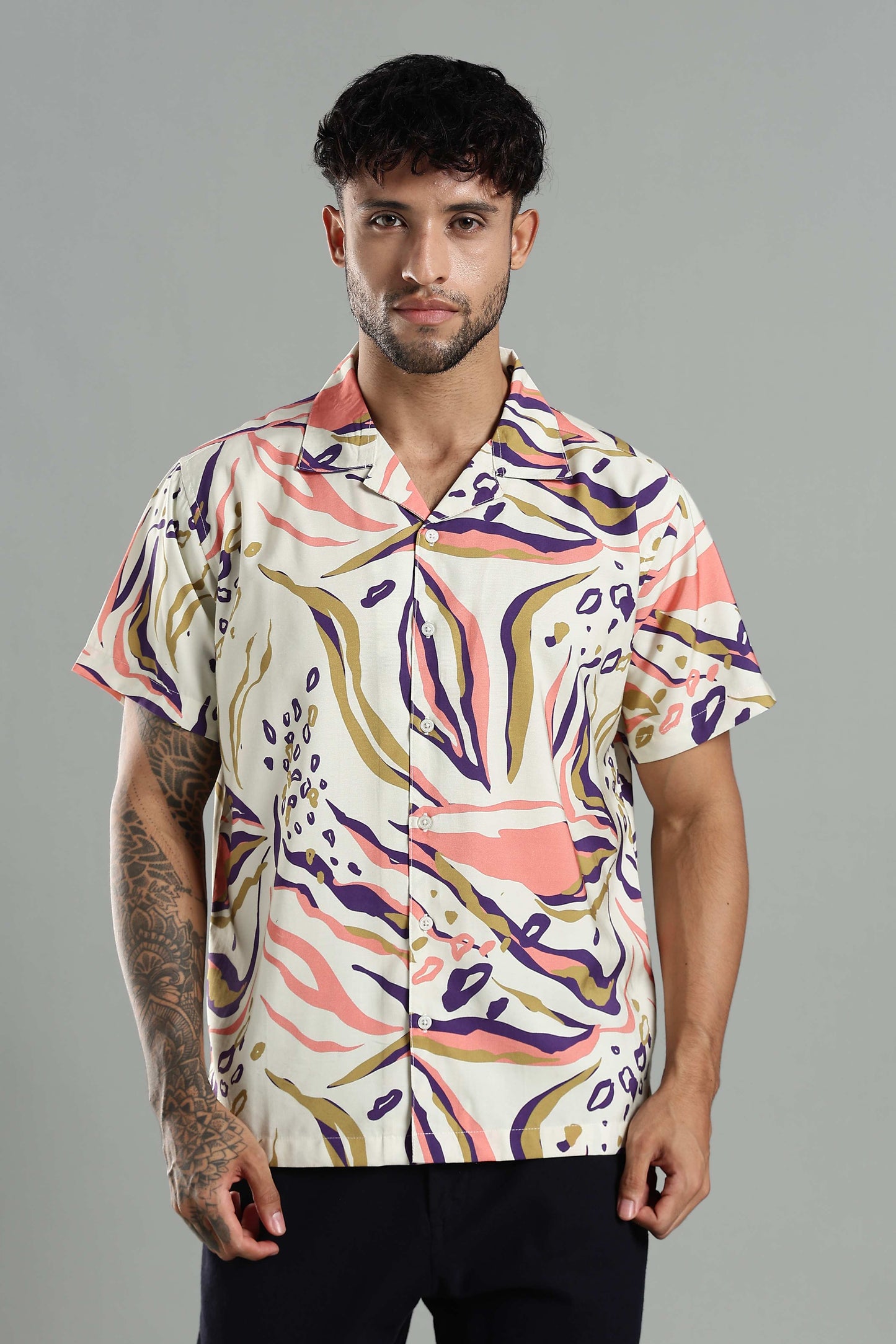 Cuban Collar Shirt in Cream with Artistic Tropical Print