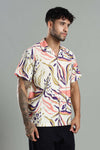 Cuban Collar Shirt in Cream with Artistic Tropical Print