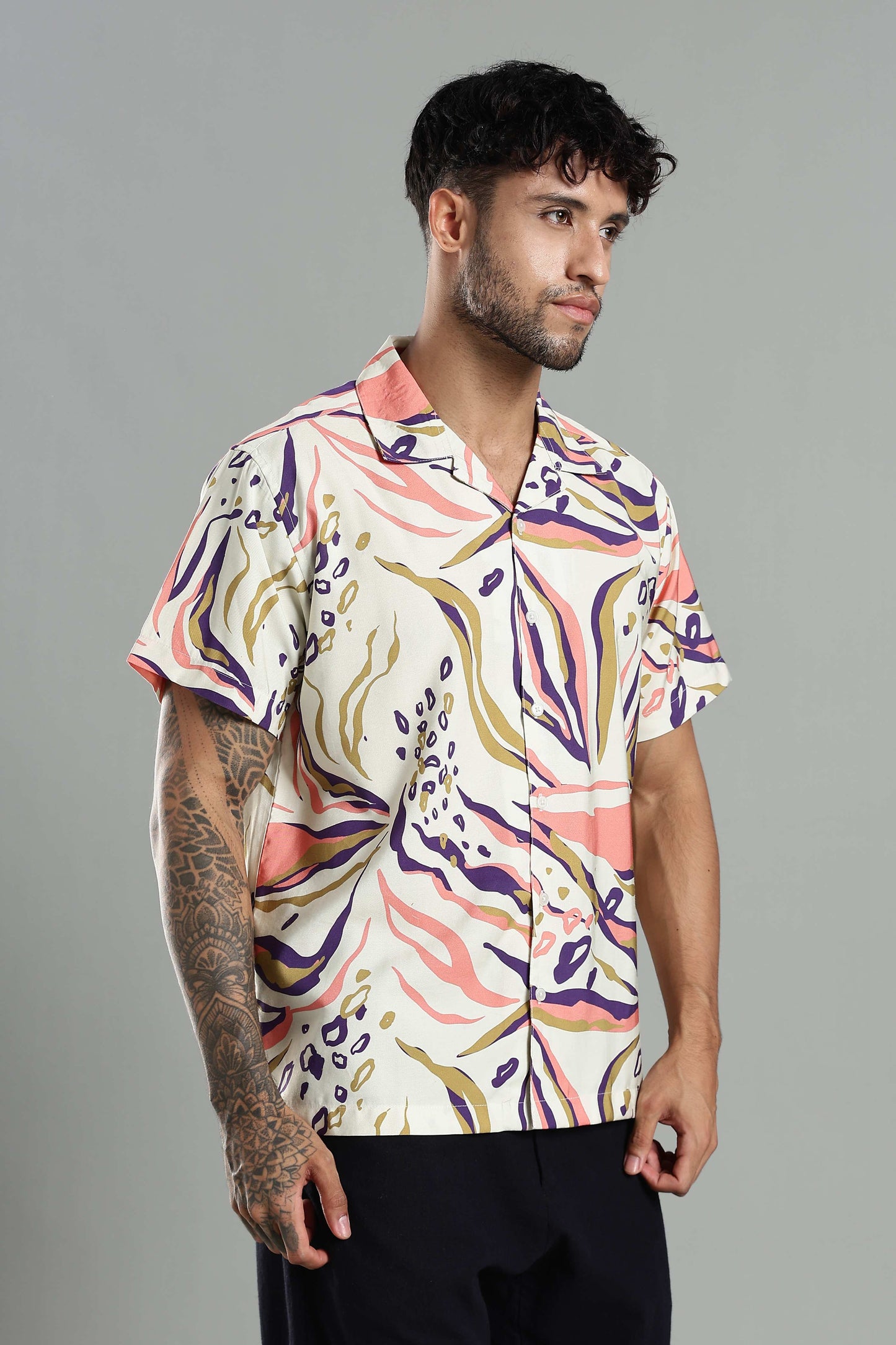 Cuban Collar Shirt in Cream with Artistic Tropical Print