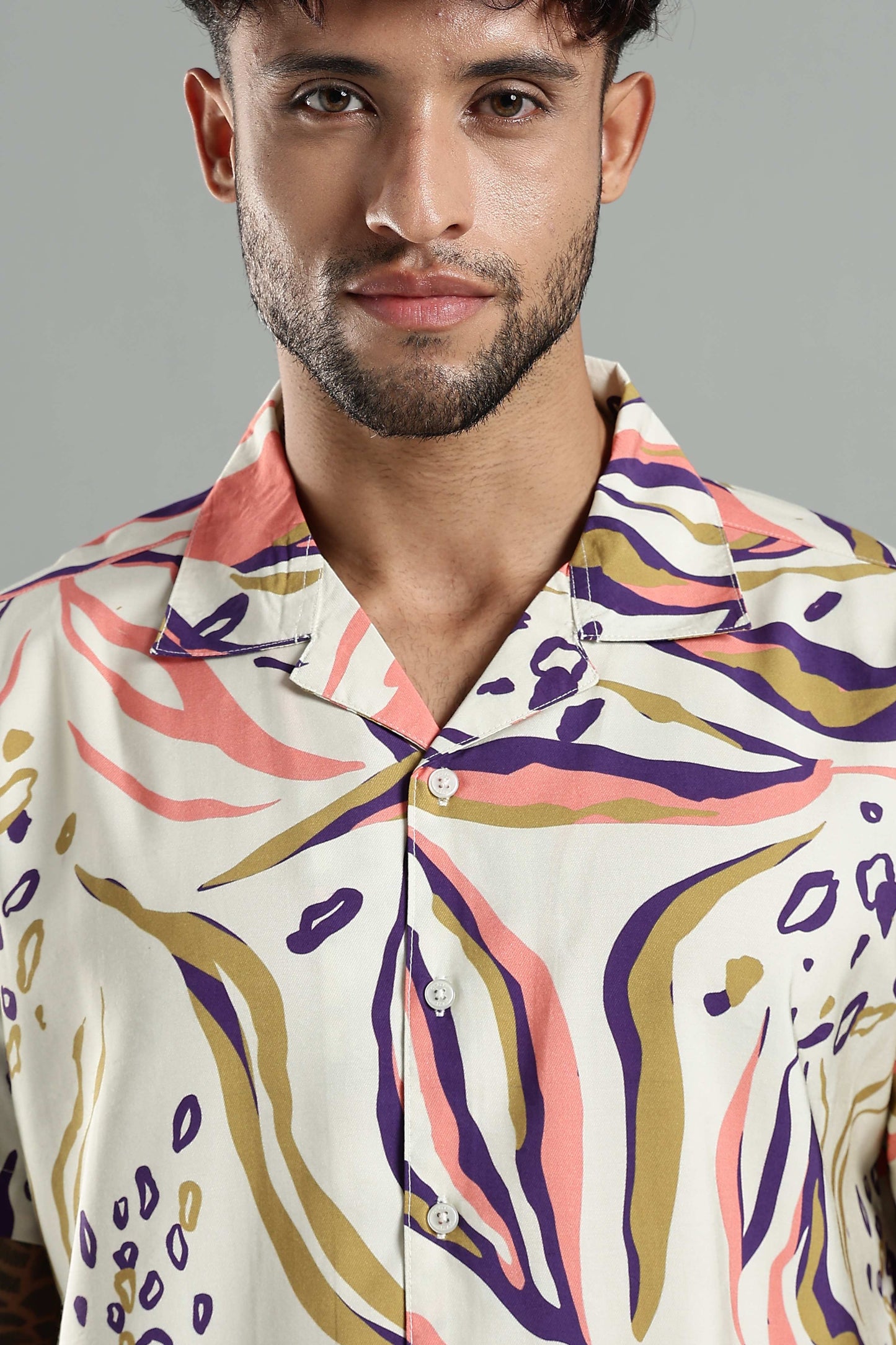 Cuban Collar Shirt in Cream with Artistic Tropical Print