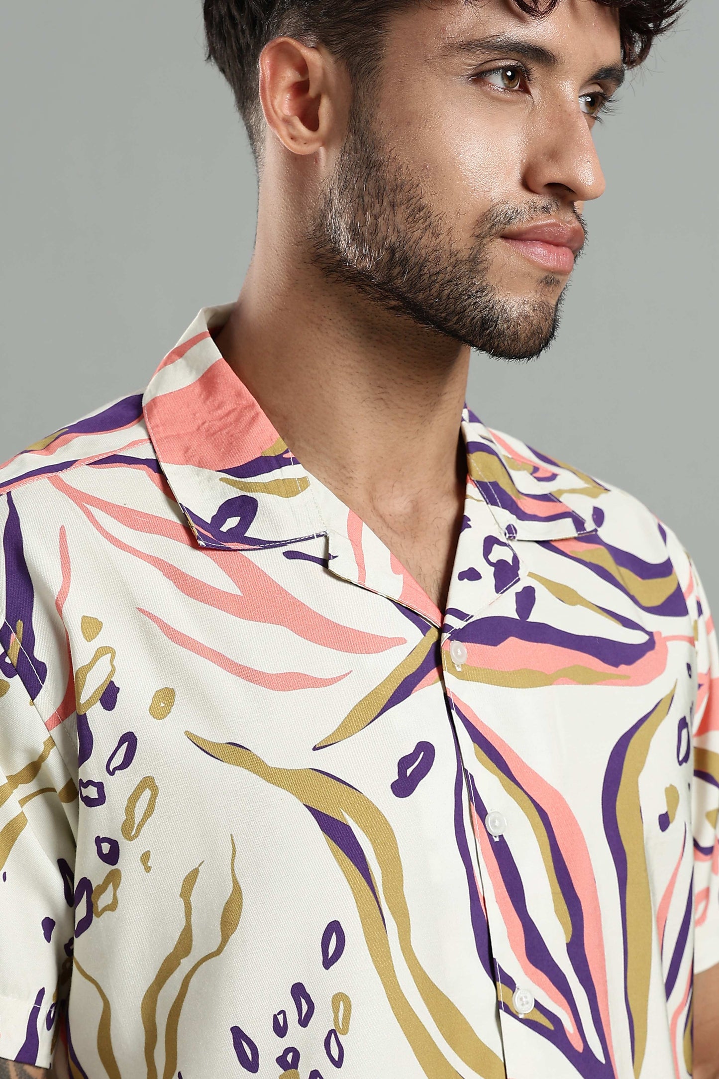 Cuban Collar Shirt in Cream with Artistic Tropical Print