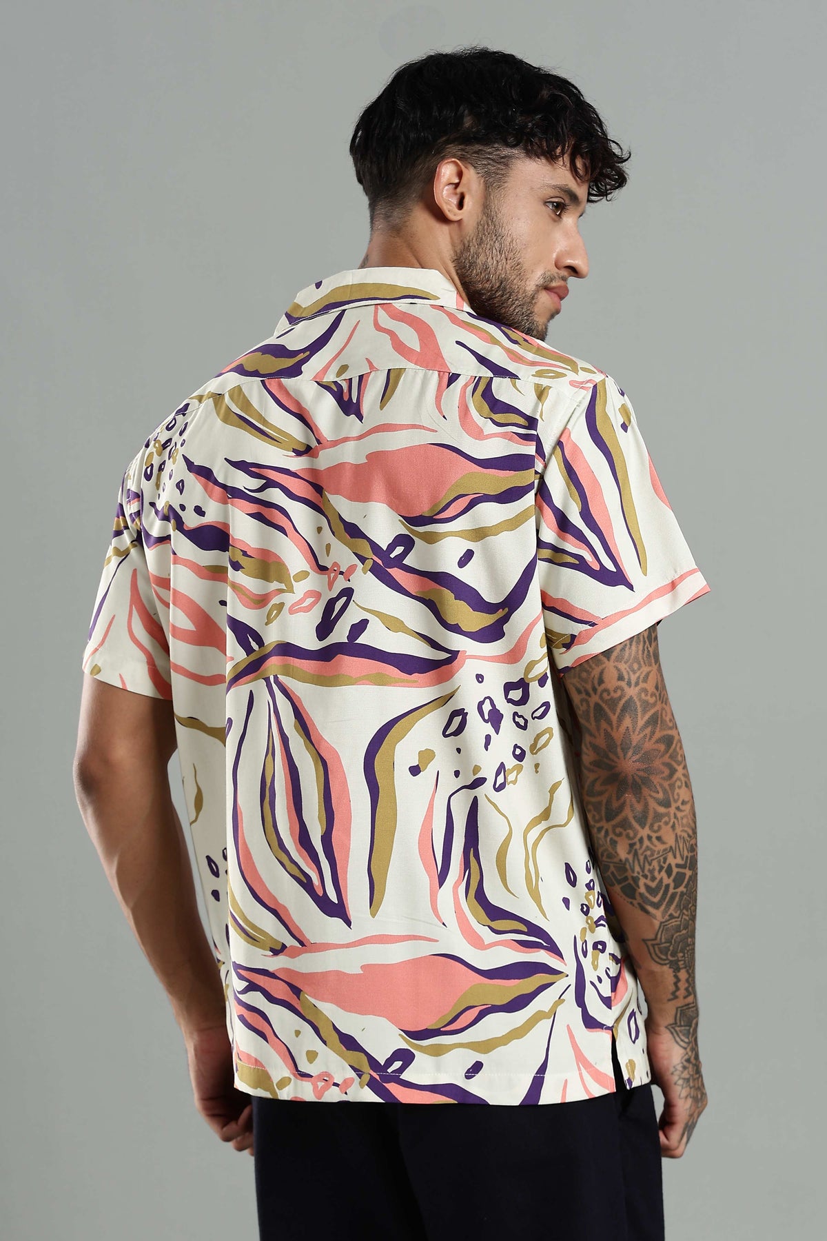 Cuban Collar Shirt in Cream with Artistic Tropical Print