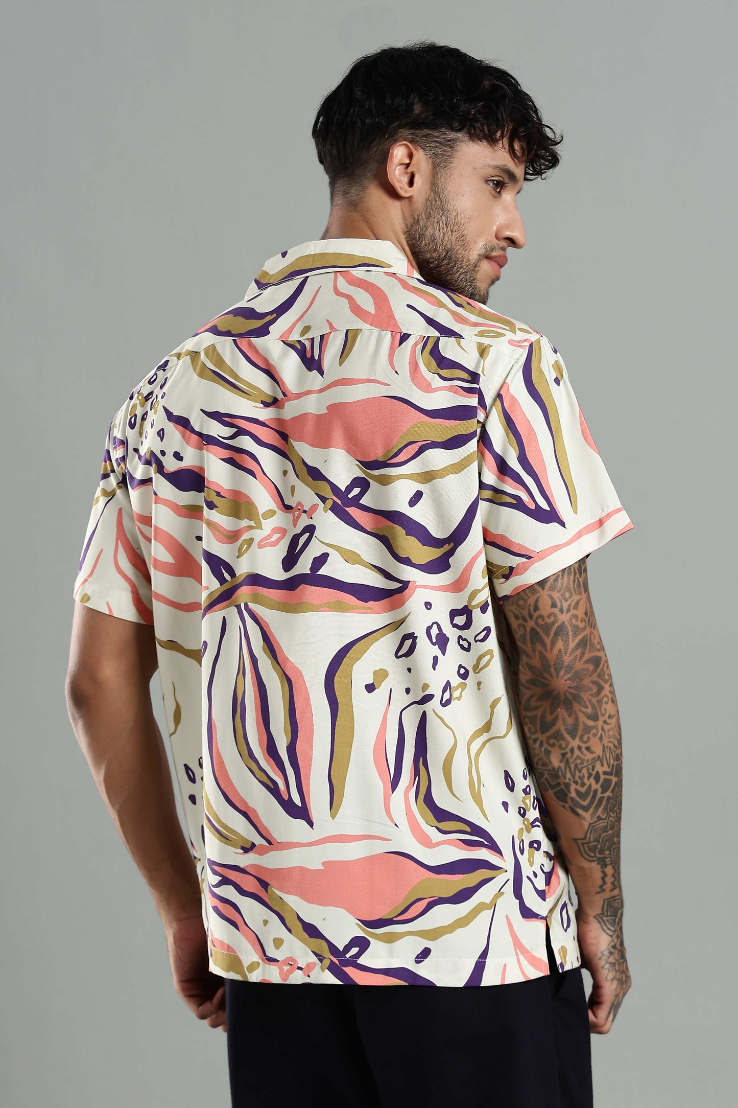 Cuban Collar Shirt in Cream with Artistic Tropical Print