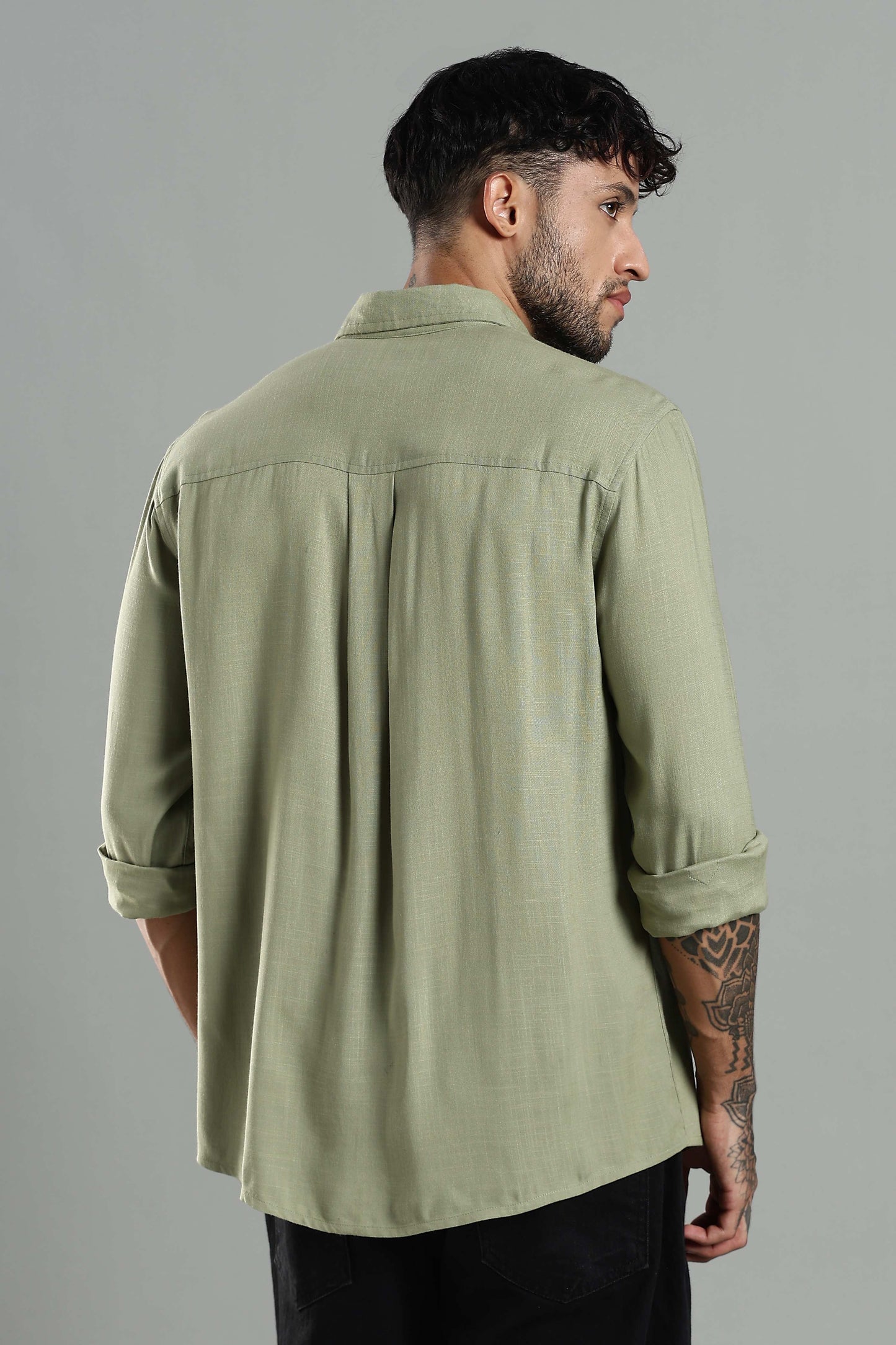 Linen Blend Olive Green Casual Button