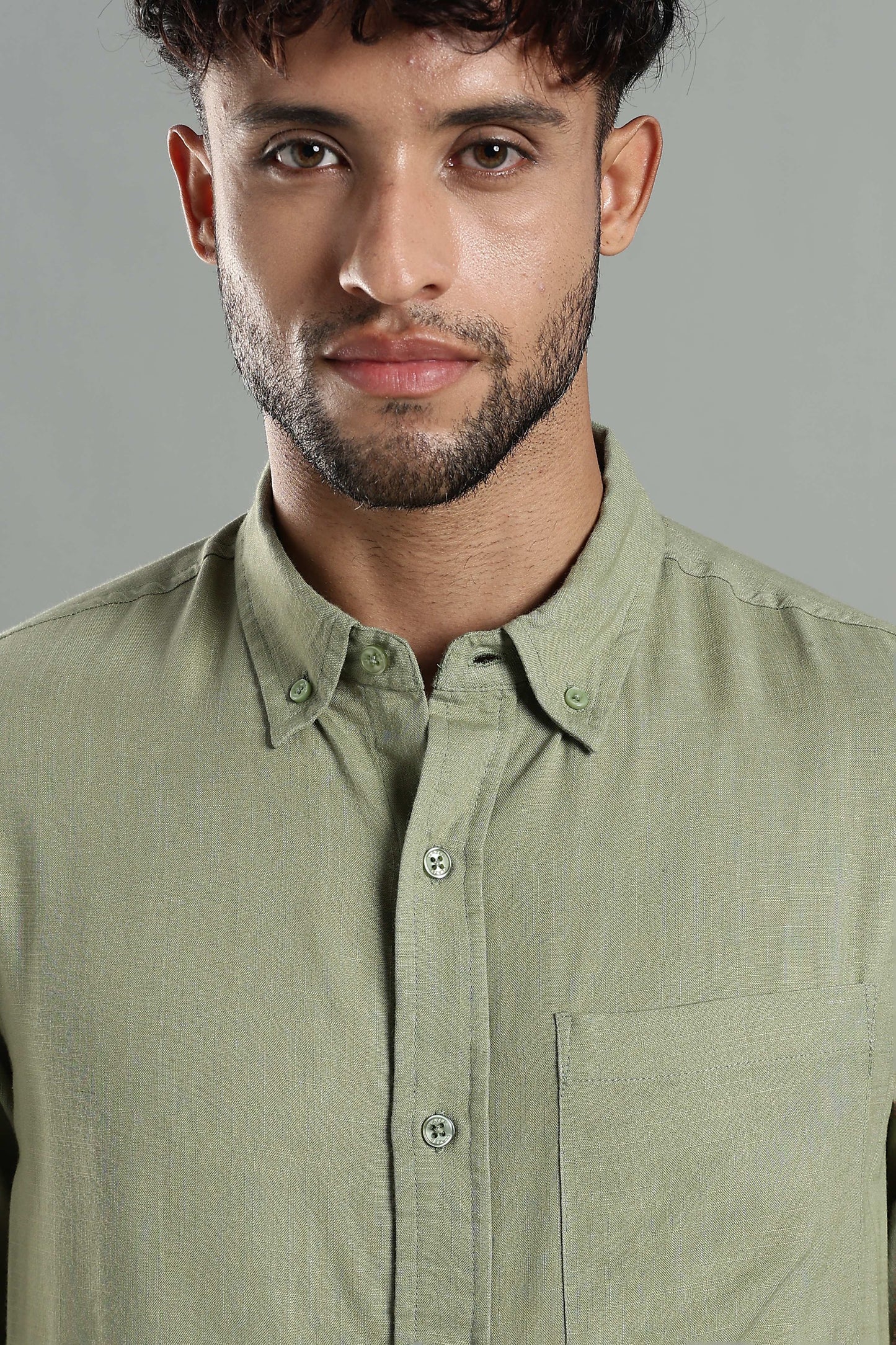 Linen Blend Olive Green Casual Button