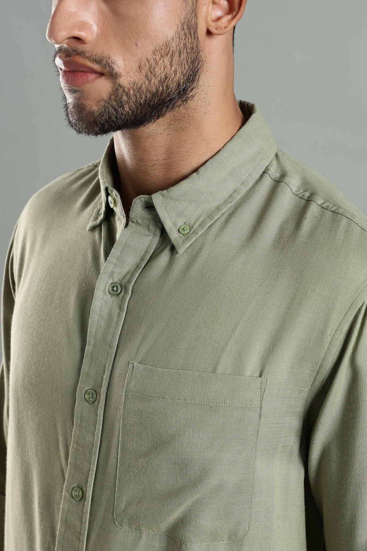 Linen Blend Olive Green Casual Button