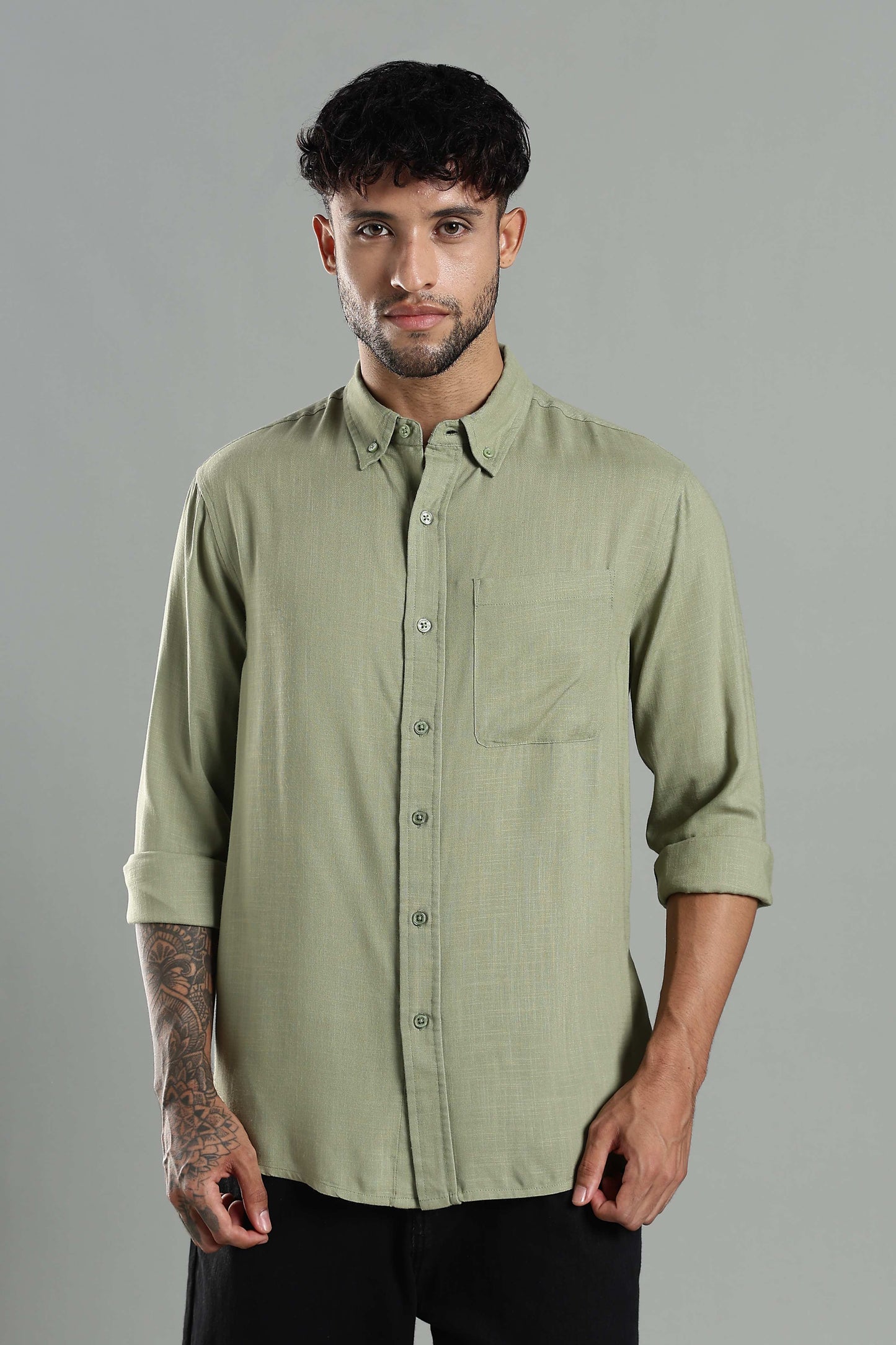 Linen Blend Olive Green Casual Button
