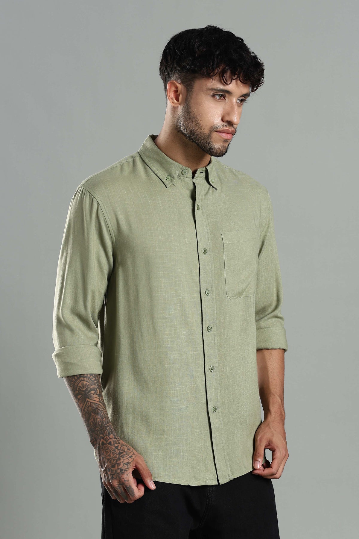 Linen Blend Olive Green Casual Button