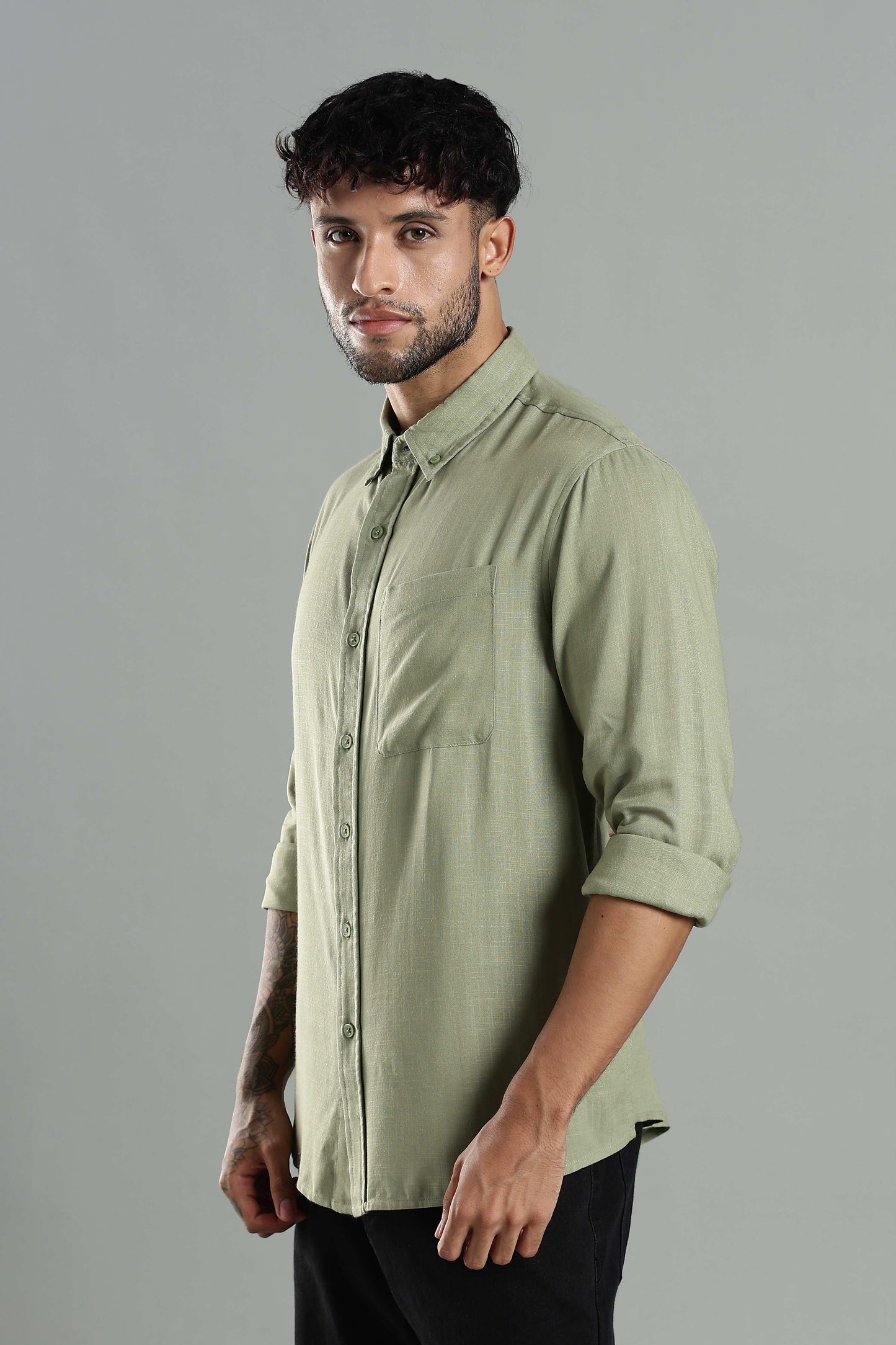 Linen Blend Olive Green Casual Button