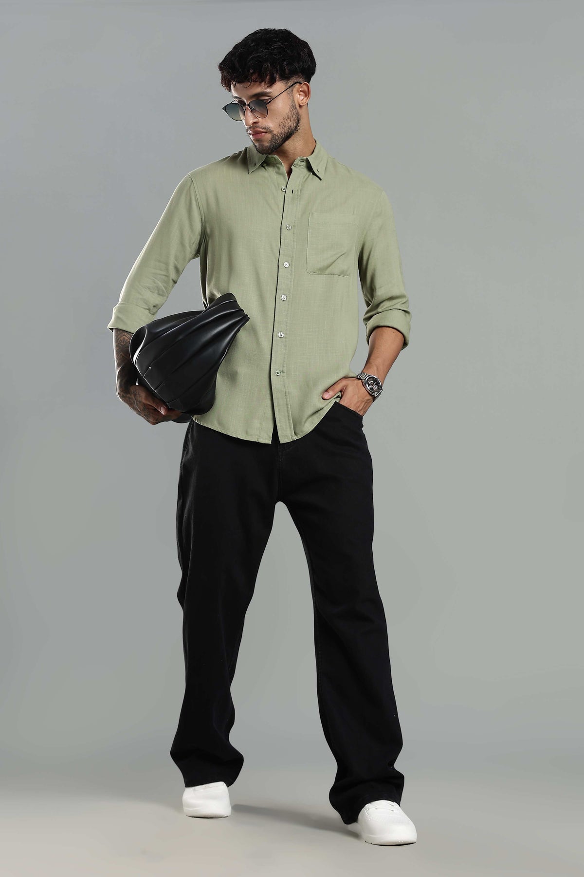 Linen Blend Olive Green Casual Button