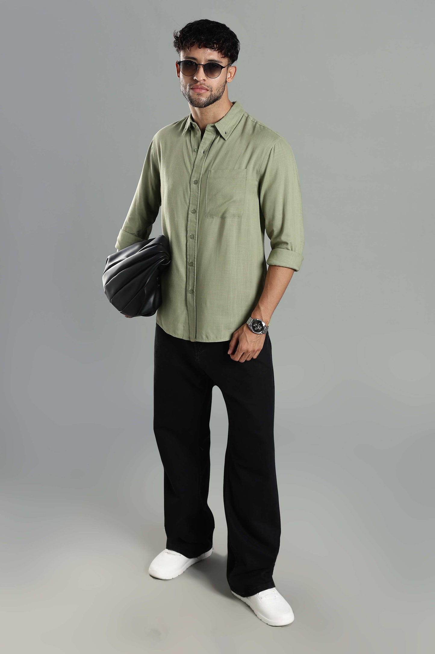 Linen Blend Olive Green Casual Button