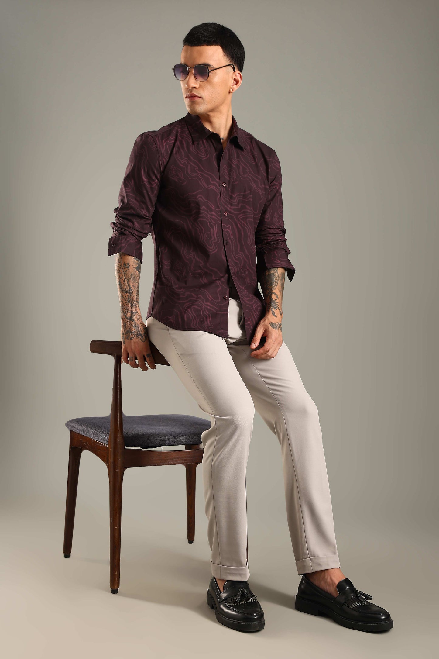 Wine Topographic Pattern Printed Shirt