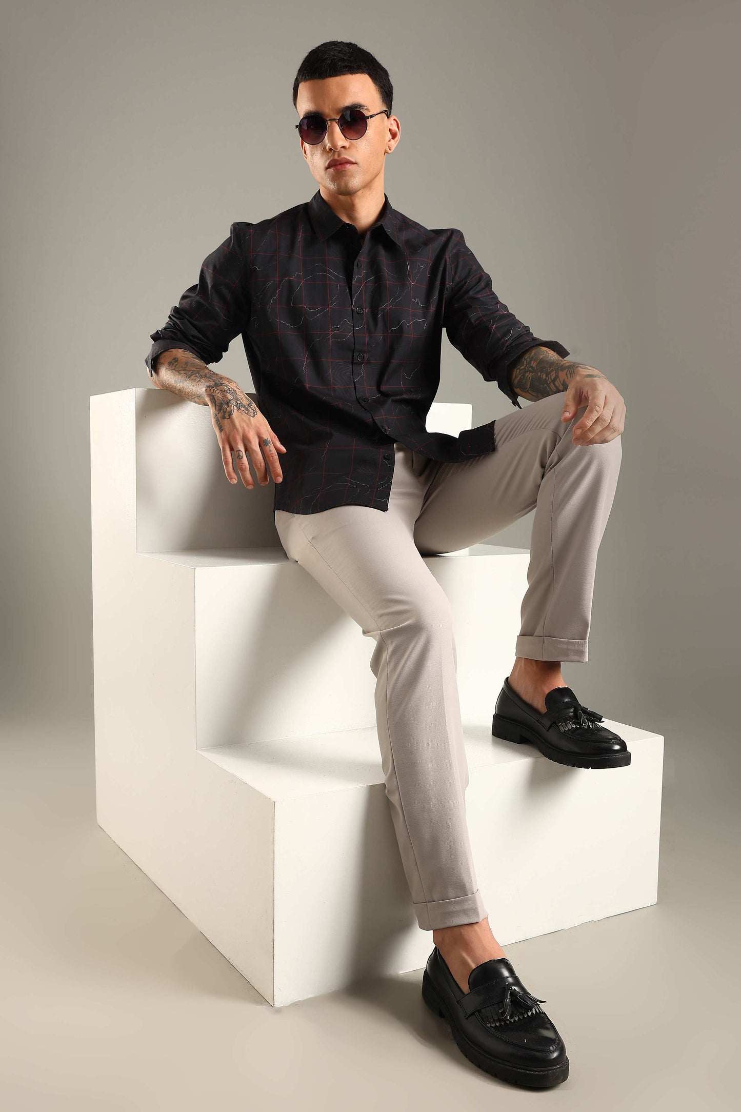 Black Printed Shirt with Red Grid Design