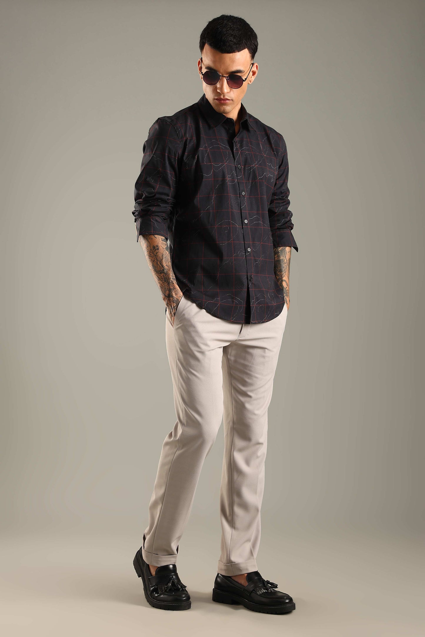 Black Printed Shirt with Red Grid Design