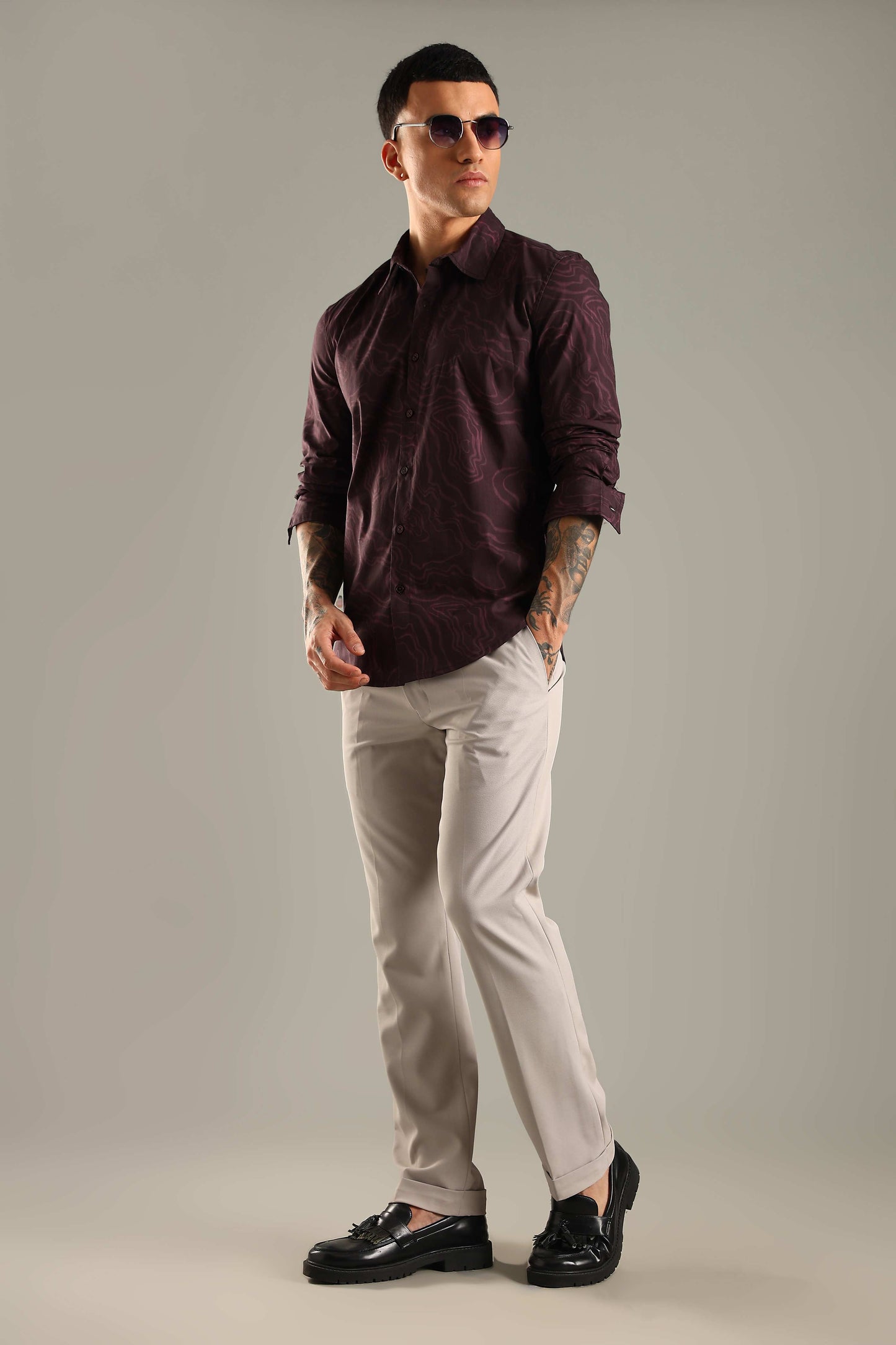Wine Topographic Pattern Printed Shirt