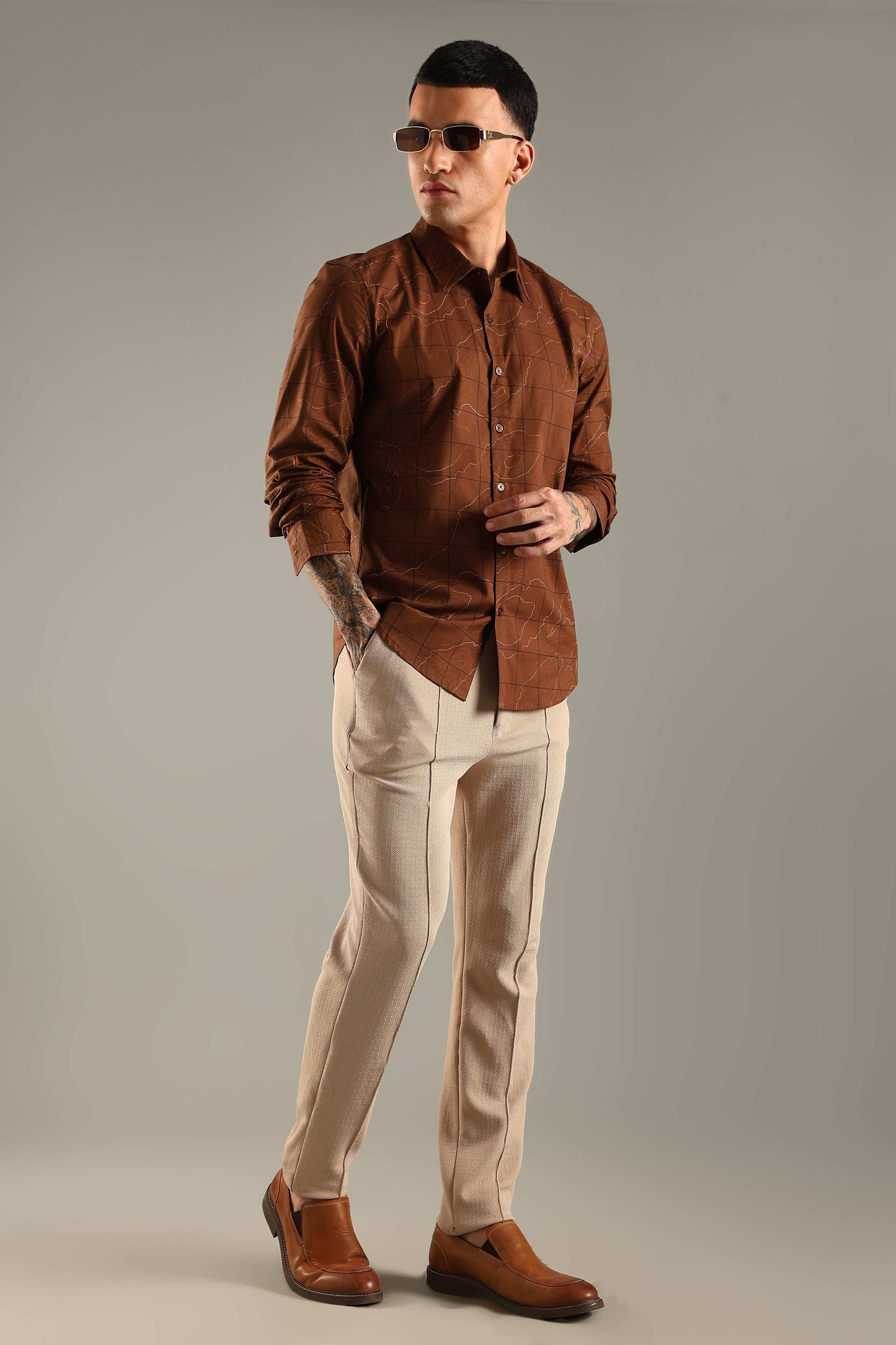 Brown Geometric Topographic Printed Shirt