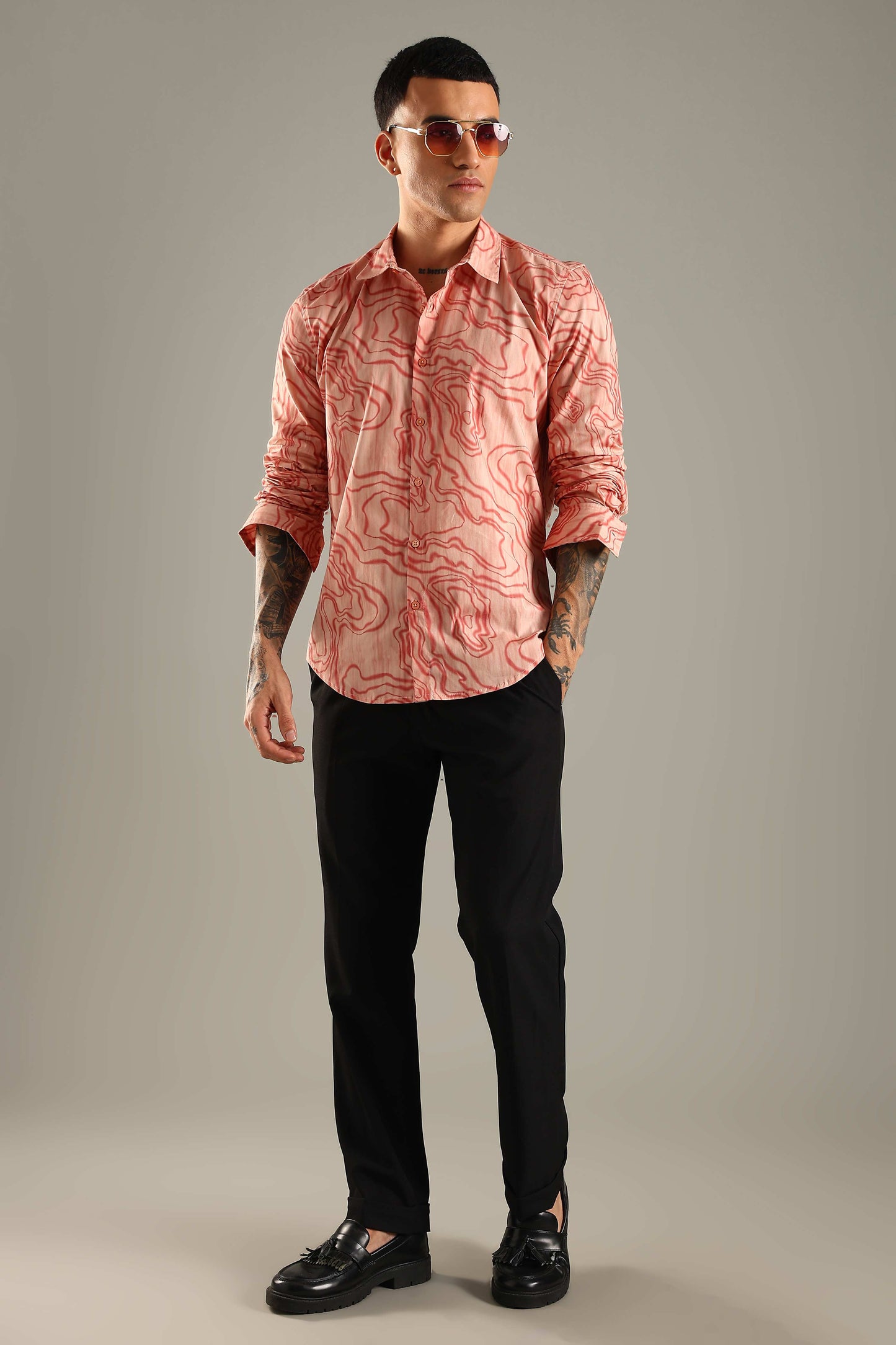 Coral Topographic Pattern Printed Shirt