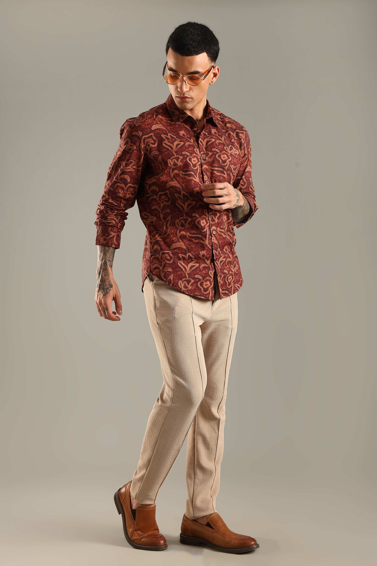 Maroon & Beige Floral Printed Shirt