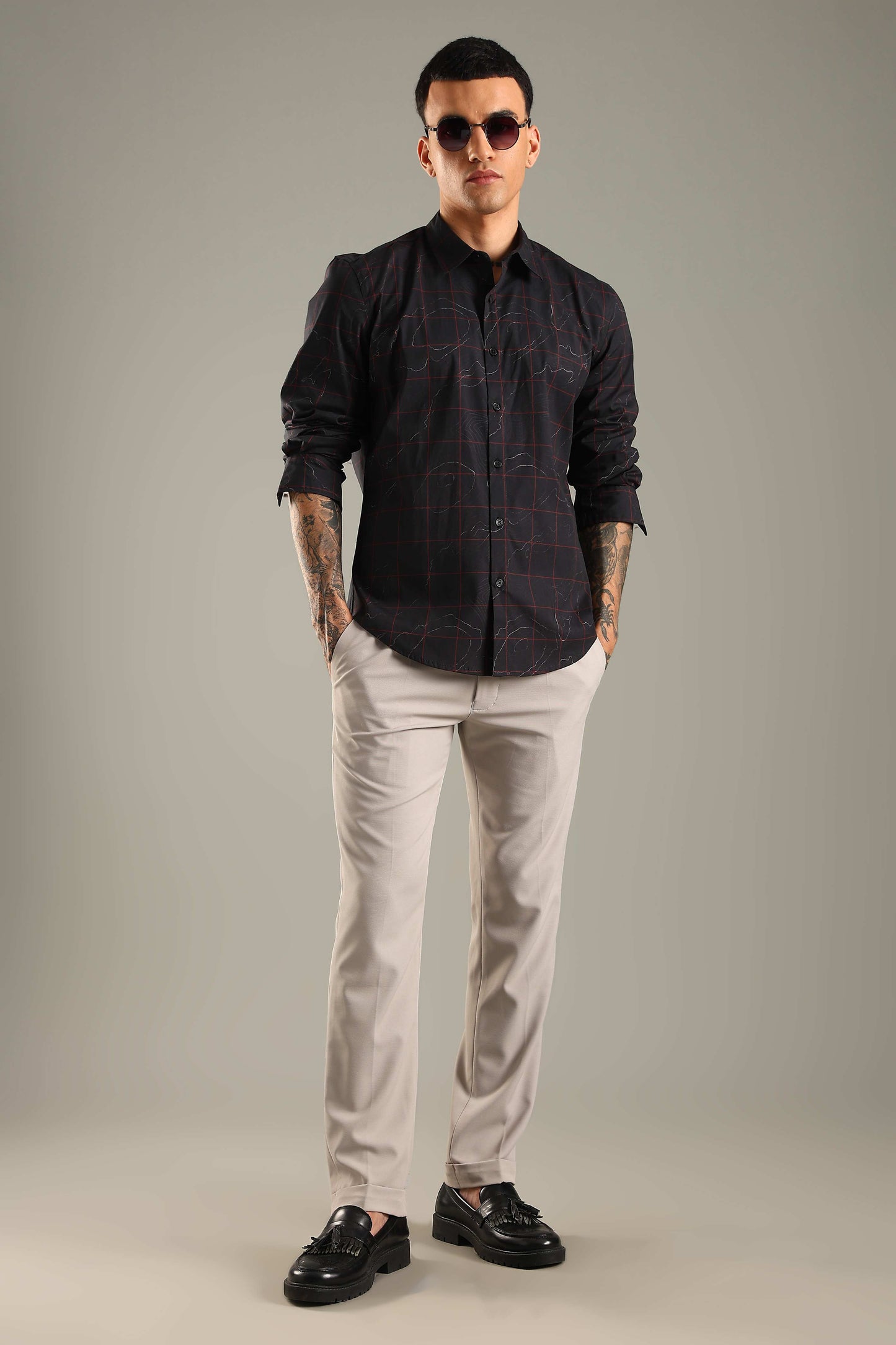 Black Printed Shirt with Red Grid Design