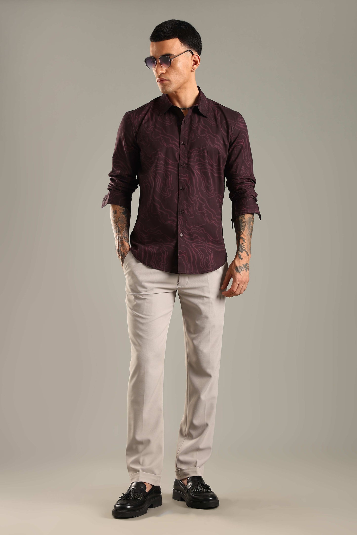 Wine Topographic Pattern Printed Shirt