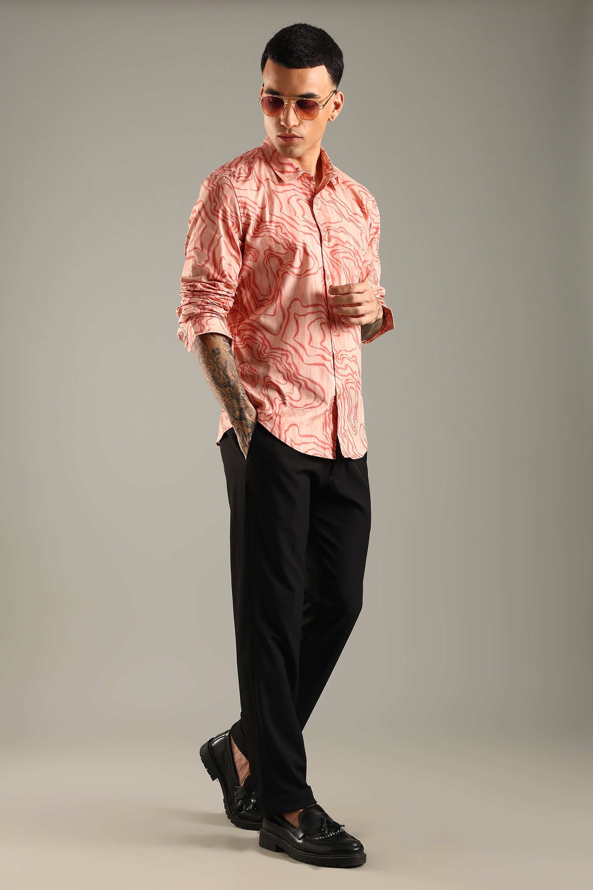 Coral Topographic Pattern Printed Shirt