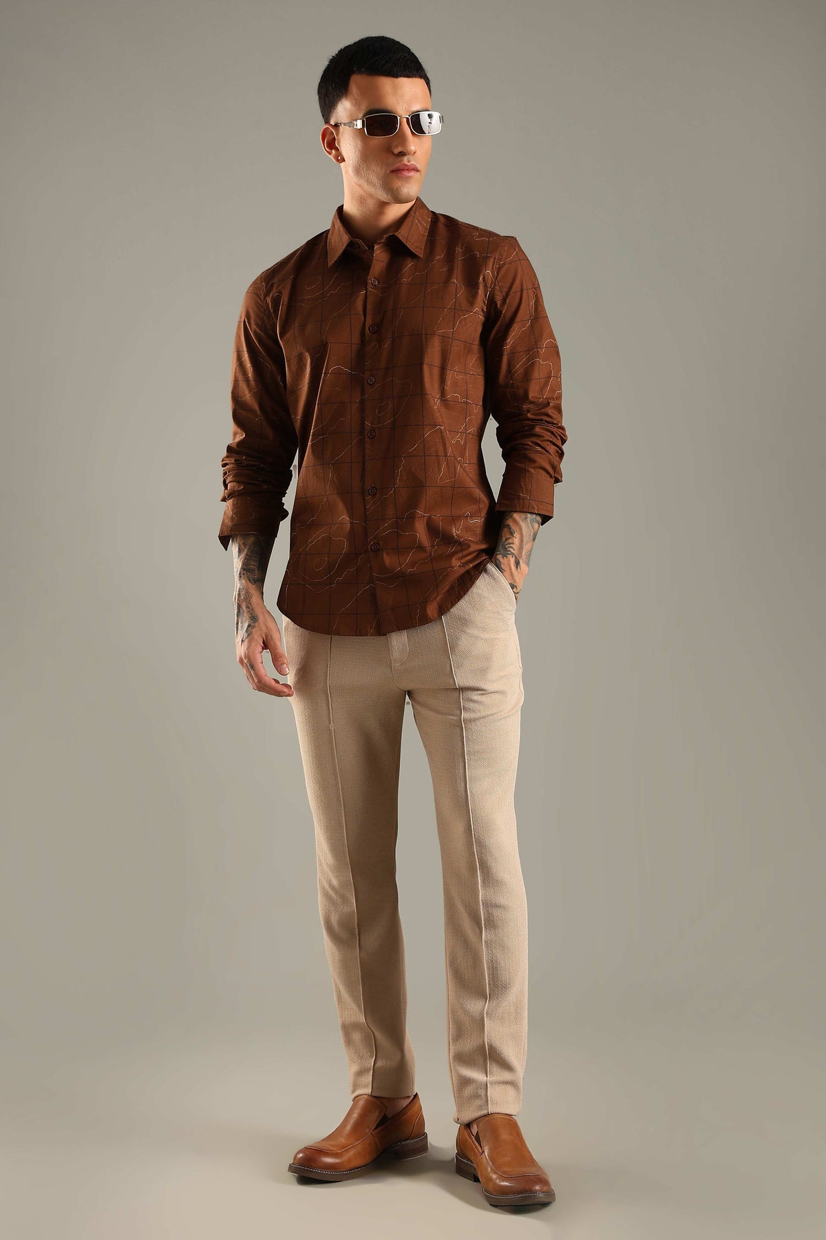 Brown Geometric Topographic Printed Shirt
