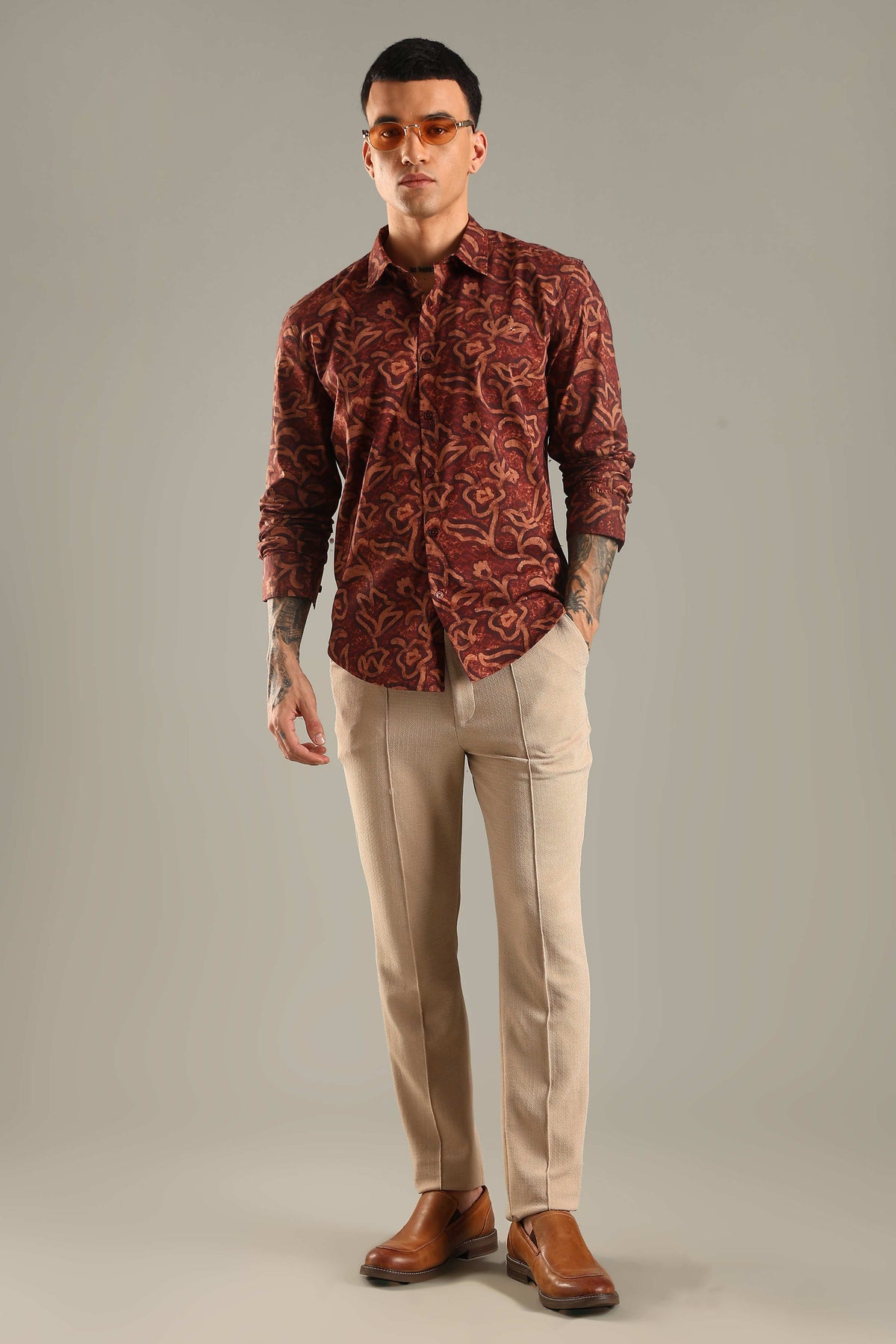 Maroon & Beige Floral Printed Shirt