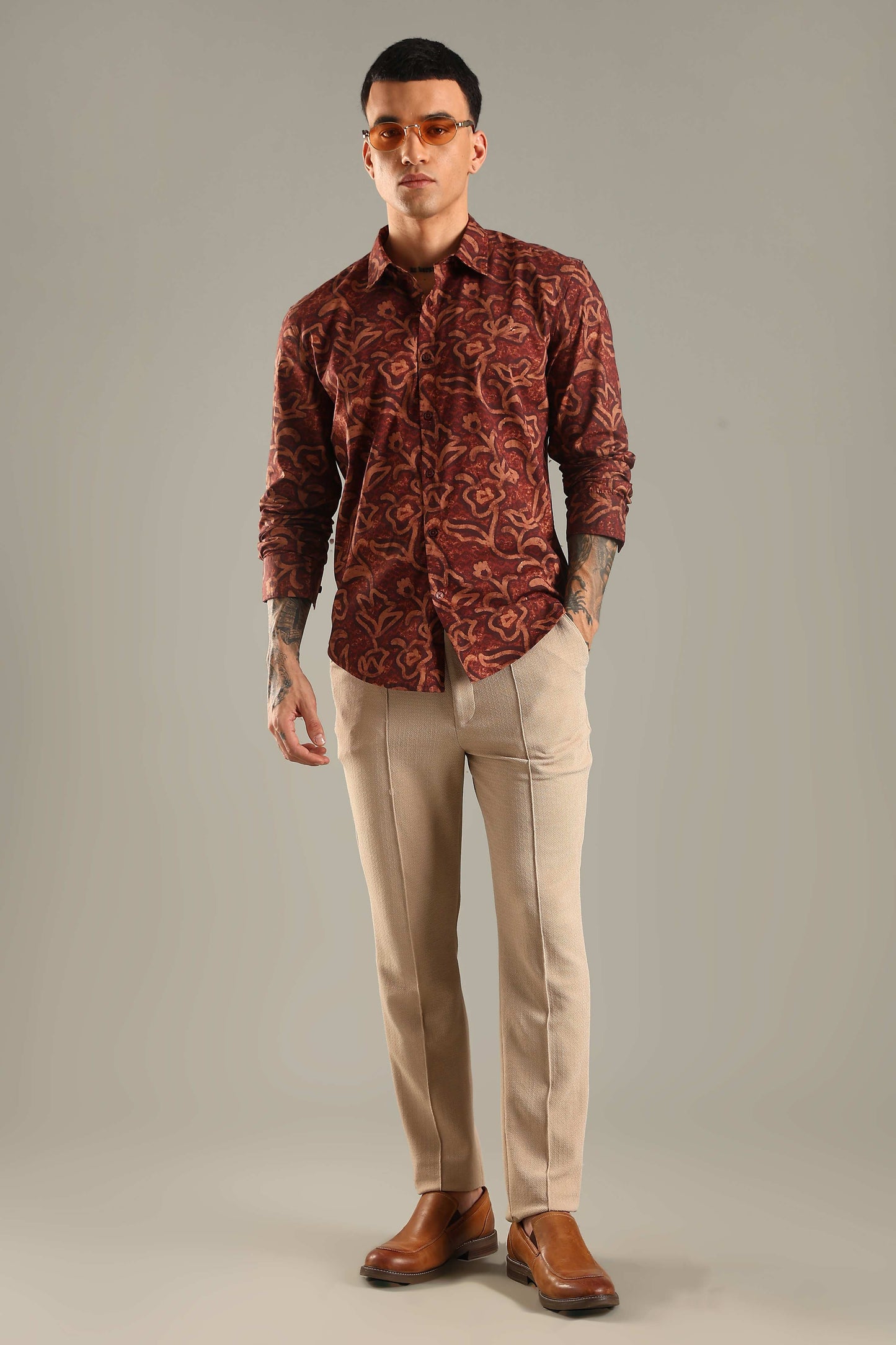 Maroon & Beige Floral Printed Shirt