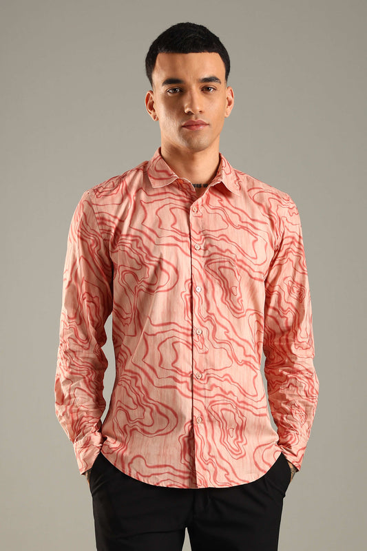 Coral Topographic Pattern Printed Shirt