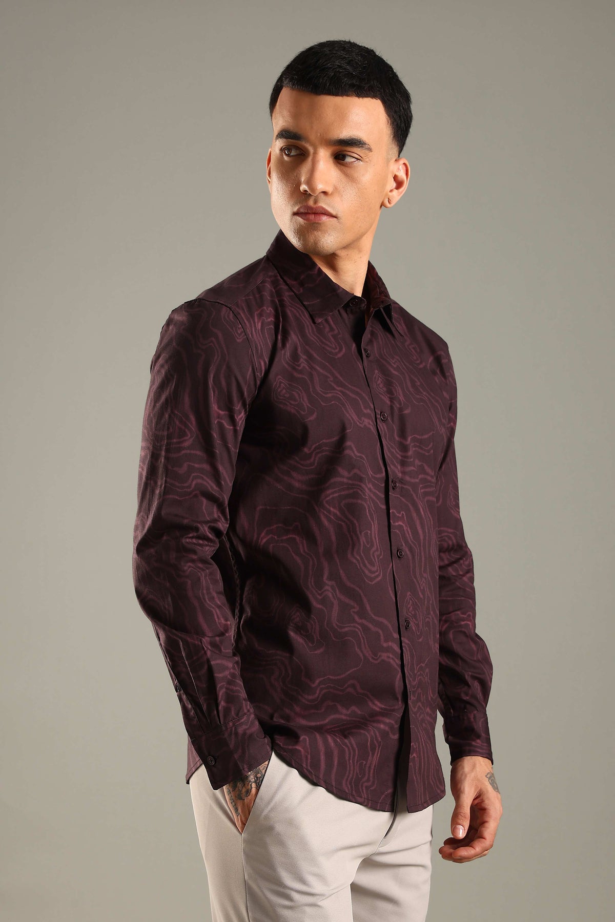 Wine Topographic Pattern Printed Shirt