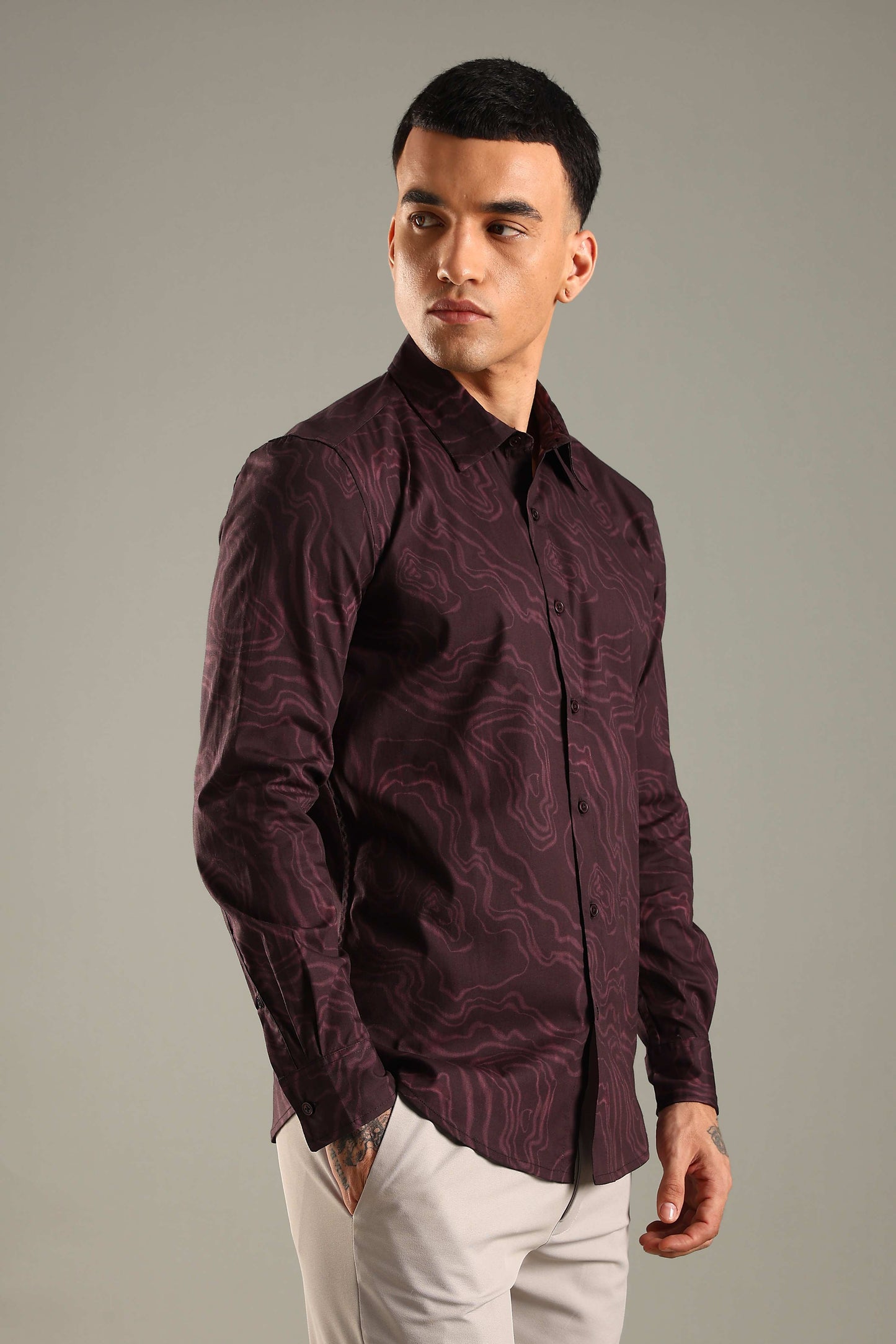 Wine Topographic Pattern Printed Shirt