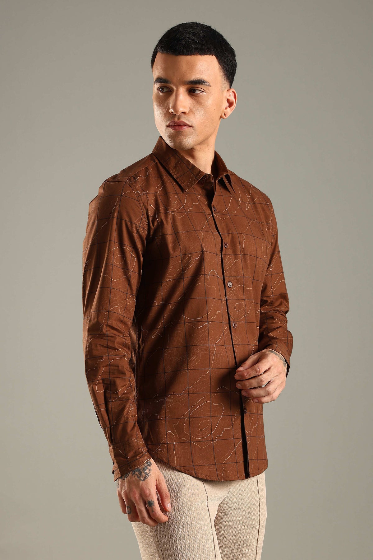 Brown Geometric Topographic Printed Shirt