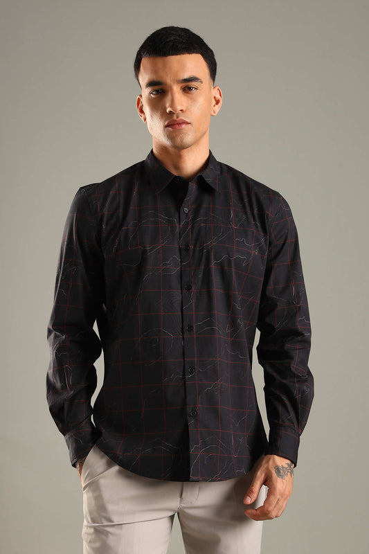 Black Printed Shirt with Red Grid Design