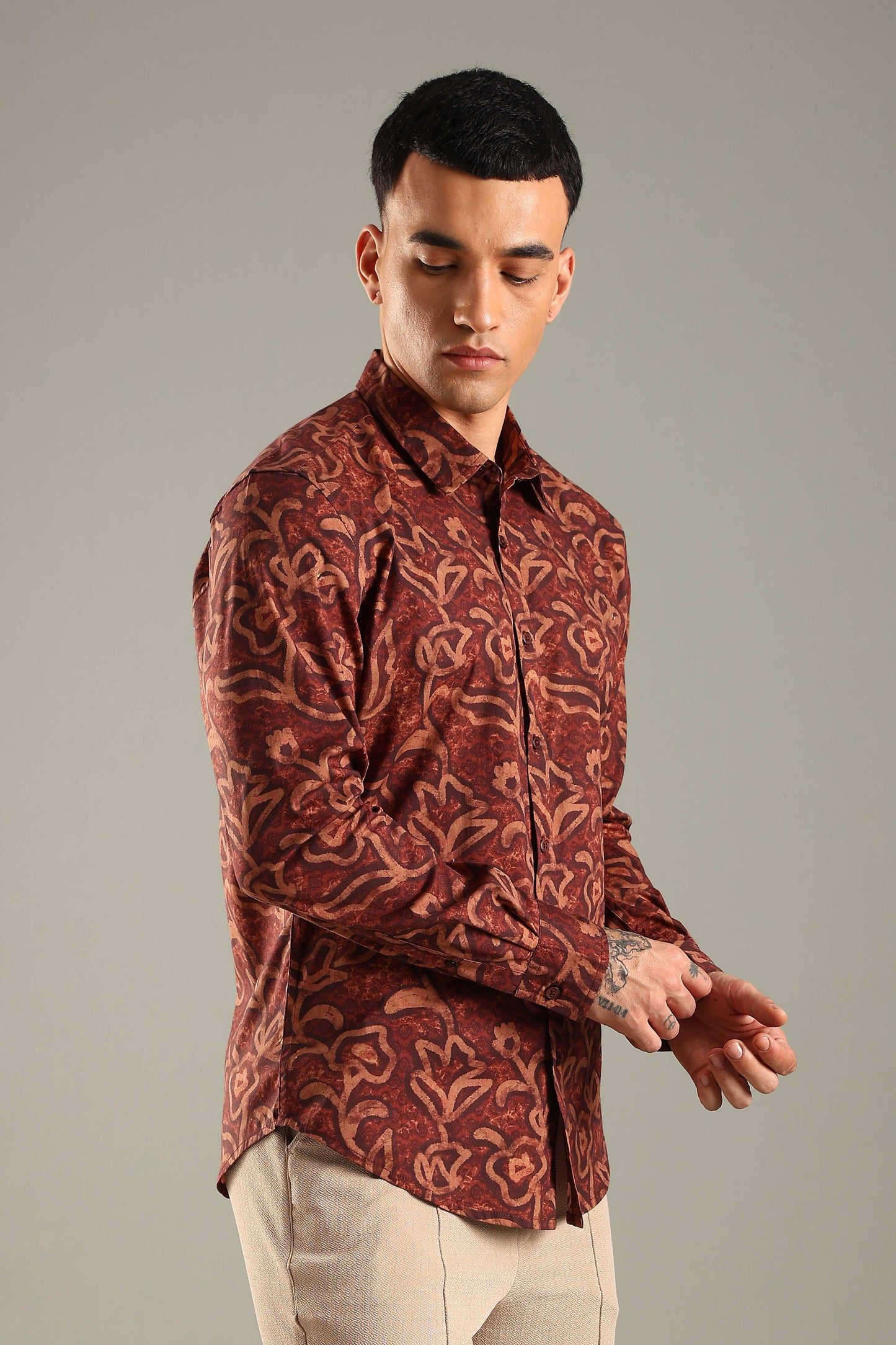 Maroon & Beige Floral Printed Shirt