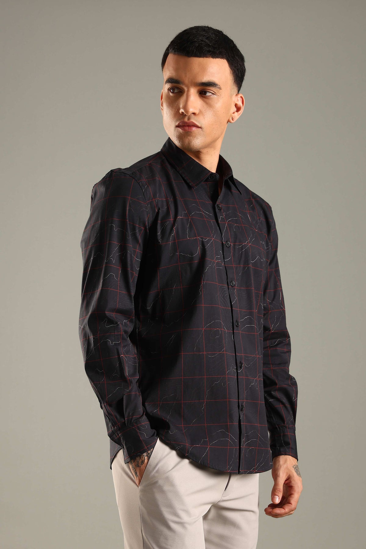 Black Printed Shirt with Red Grid Design