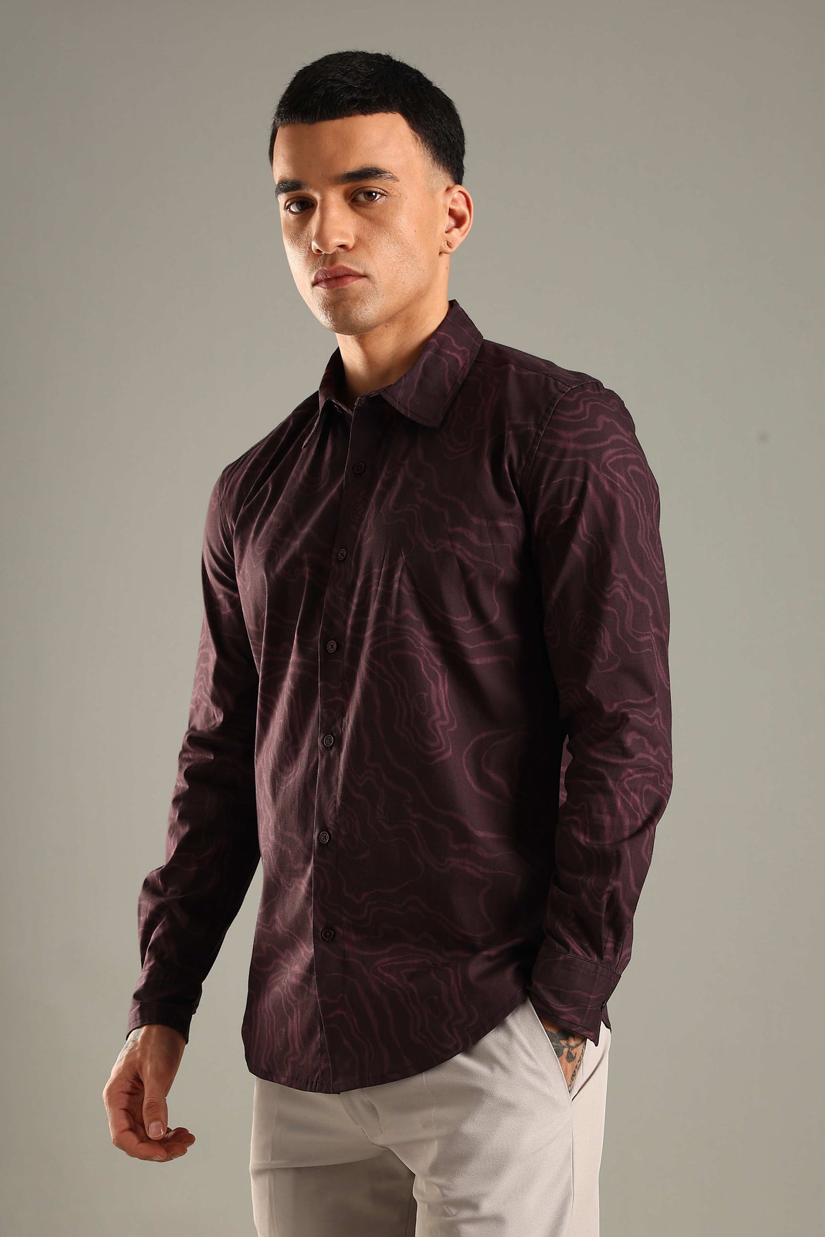 Wine Topographic Pattern Printed Shirt