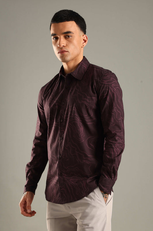 Wine Topographic Pattern Printed Shirt