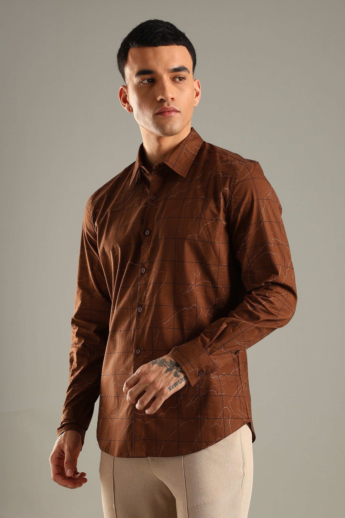 Brown Geometric Topographic Printed Shirt