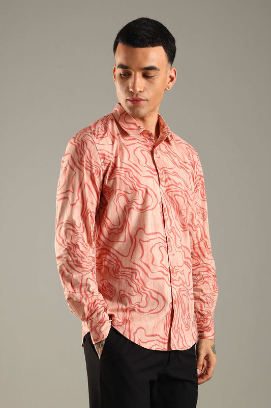 Coral Topographic Pattern Printed Shirt