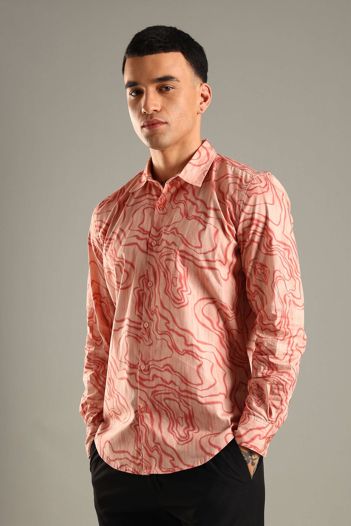 Coral Topographic Pattern Printed Shirt