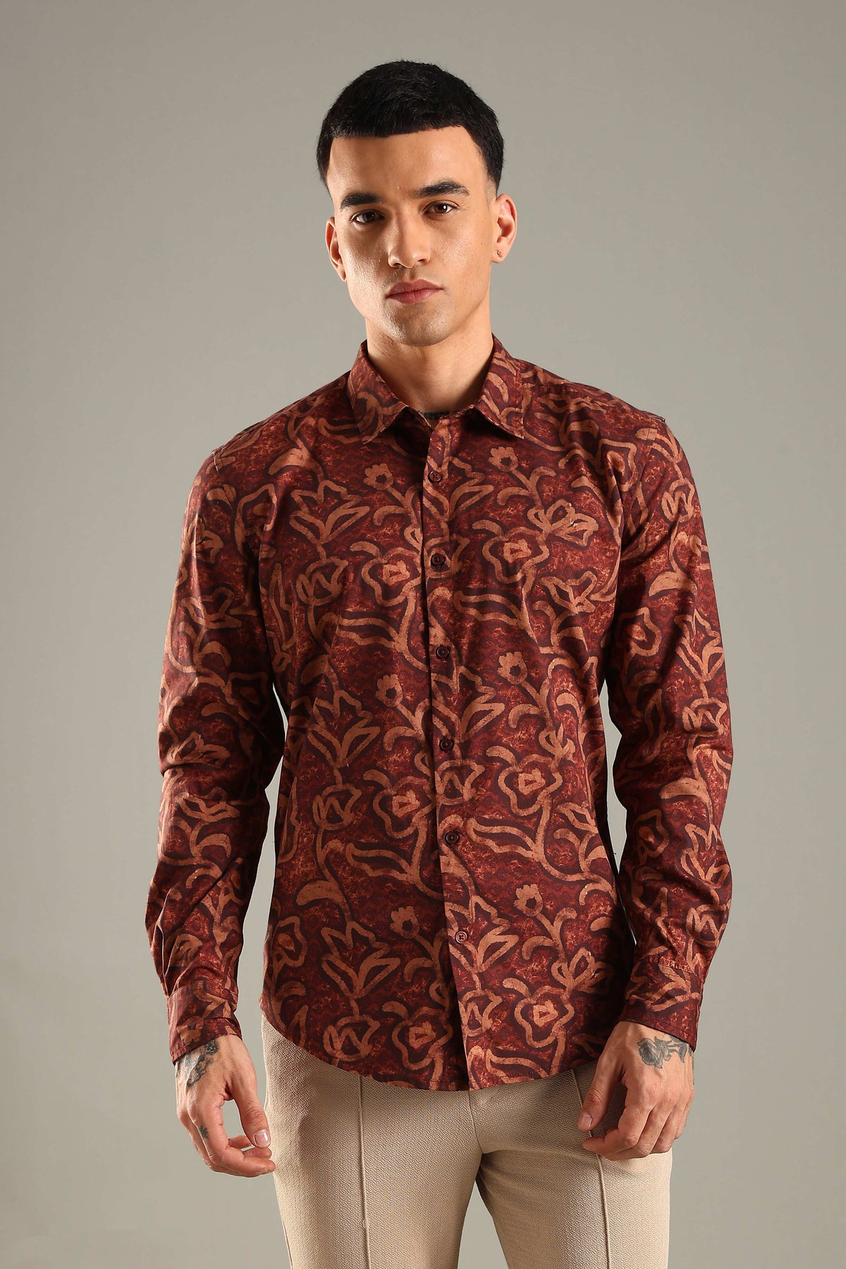 Maroon & Beige Floral Printed Shirt