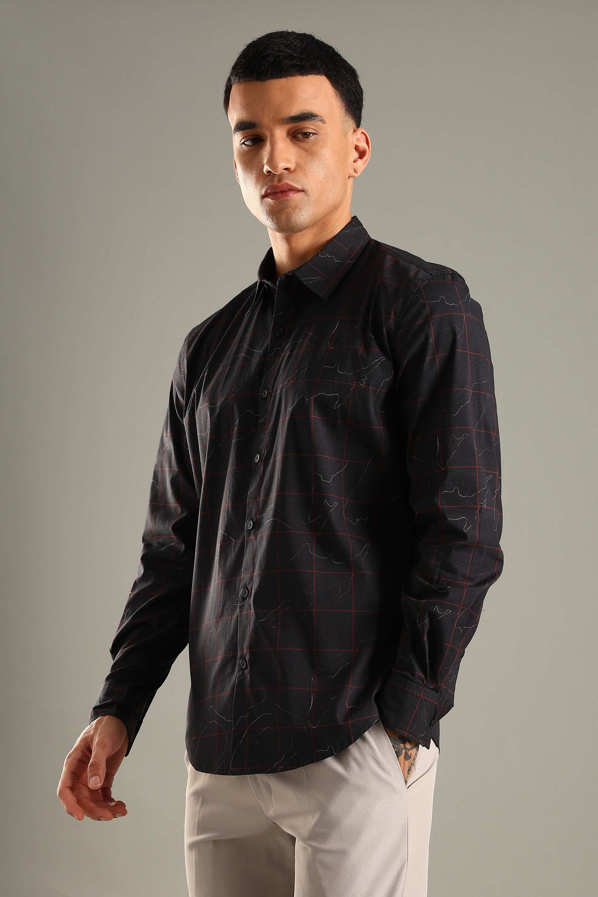 Black Printed Shirt with Red Grid Design